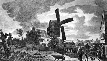 Kilátás egy malomra Blackheath közelében Kentben, holdfénynél, 1770